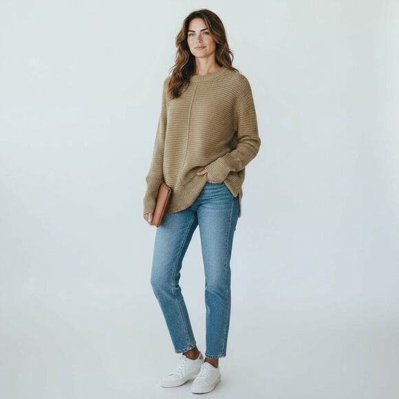 Nine West Ribbed Knit Crew Neck Long Sleeve Pullover Tunic Sweater Beige Medium - Picture 2 of 10